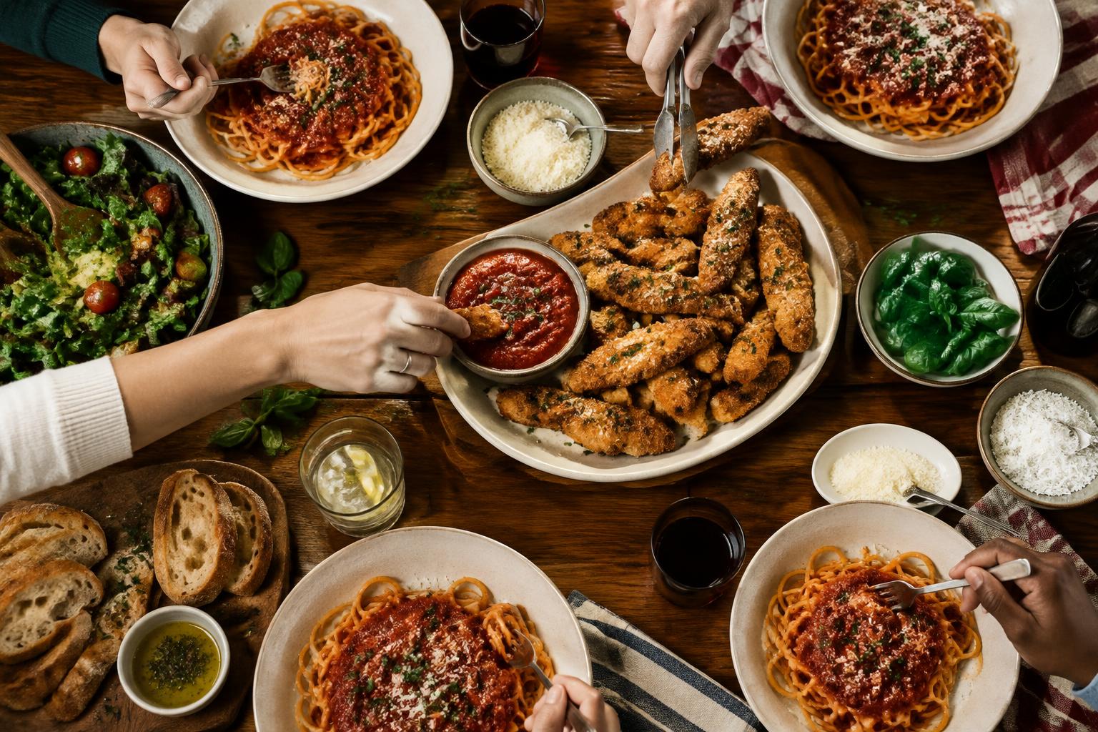 Family-style Italian dinner with chicken fries and marinara